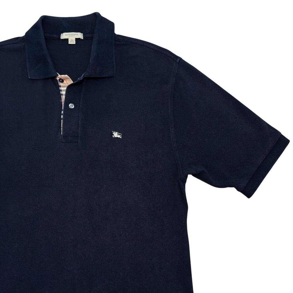 Vtg Burberry London Pique Polo Shirt Mens L Navy Check Placket Knight Logo *Read